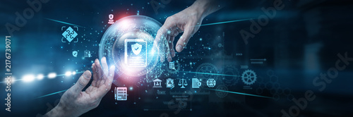 Fotografie Officer Hands of human touching on policy network connection, regulatory systems ensuring rules compliance governance standards business structure guidelines