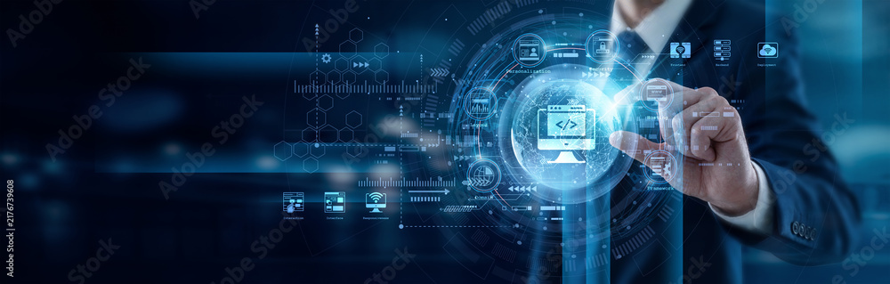 Obraz premium Creative designer hand hold global Web Development network interfaces building responsive sites. Modern coding practices deliver fast loading speeds and intuitive user experiences online.