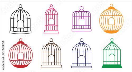 Obraz na płótnie Colorful birdcage illustrations are arranged in a grid on a white background sho