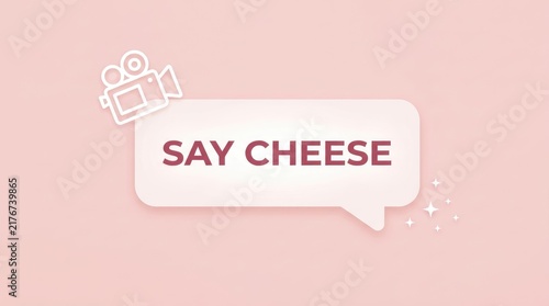 Say Cheese typography and movie camera icon vector illustration. Speech bubble with text and cinema elements on a pink background for projects