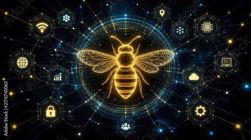 Bee Network Intelligence: A luminous, abstract bee emblem at the center of a digital web, symbolizing connectivity, data, and technological innovation.
