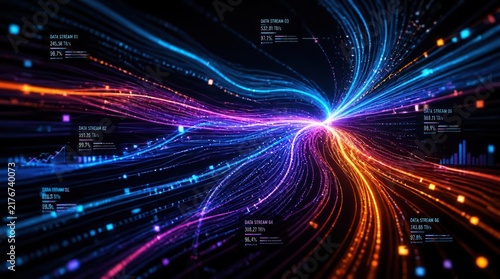 Digital Convergence: An abstract representation of digital data streams flowing and converging, creating a vibrant, energetic.
