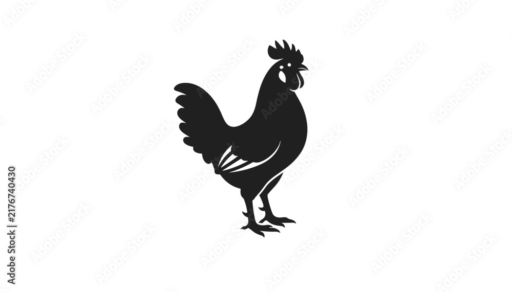 Fototapeta premium Solid black silhouette of a standing rooster with detailed feathers and proud posture, isolated on a clean white background.