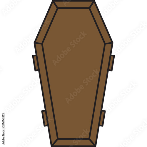 Stylized brown wooden coffin vector illustration isolated on a solid black background