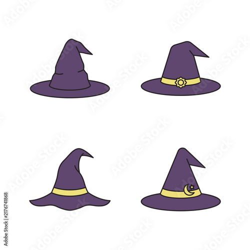 Set of Four Purple Witch Hats Vector Illustrations for Halloween