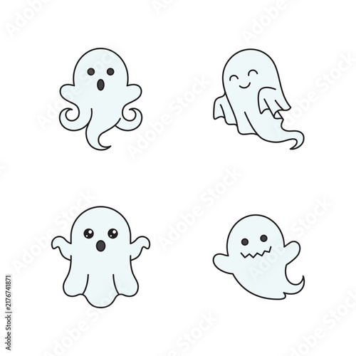 Cute Cartoon Ghost Vector Illustrations Set for Halloween Design on Black Background
