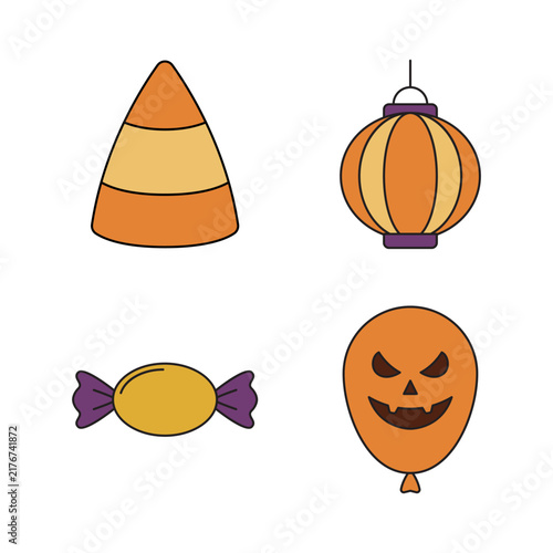Halloween Icon Set Featuring Candy Corn, Lantern, Wrapped Candy, and Spooky Balloon