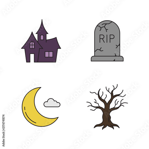 Halloween Icon Set Featuring Haunted House Tombstone Crescent Moon and Spooky Bare Tree
