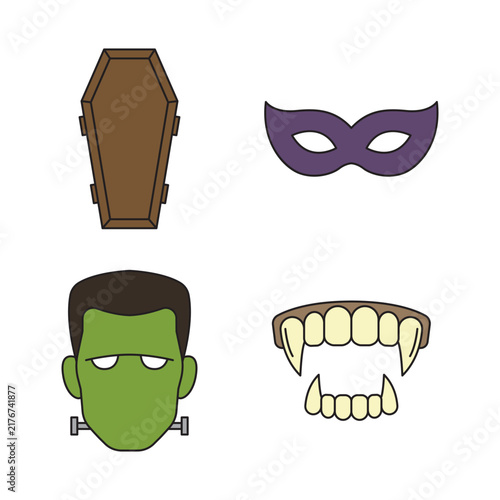 Halloween Vector Icon Set Featuring Coffin Mask Frankenstein Head and Vampire Fangs on Black Background