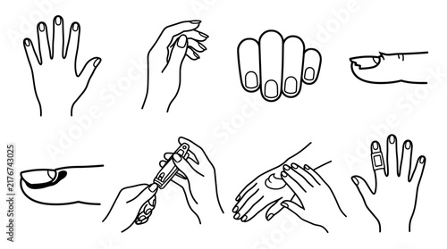 Set of human hand gestures and palm movements, contour line drawings for skincare, healthcare, beauty, dermatology, massage, hygiene, medical