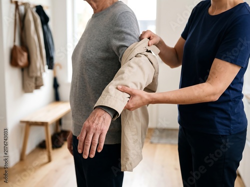 Caregiver helping an older adult put on a jacket at home