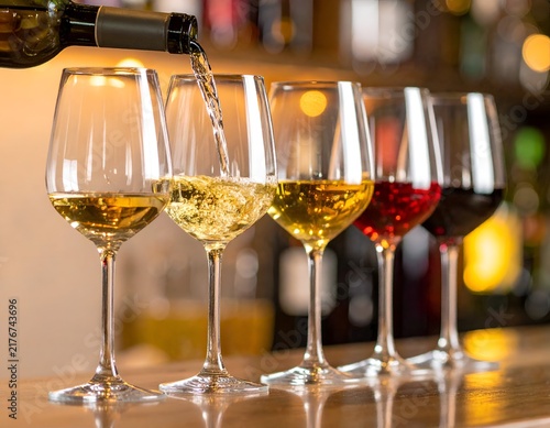 Wine being poured into glasses of varying colors on a wooden surface, with blurred background