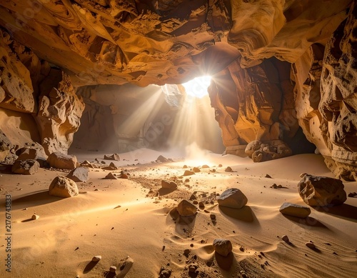 Sunlit cave interior with light beams illuminating the sandy floor and rocky formations