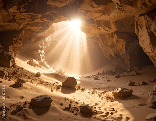 Sunbeams stream into a sandstone cave illuminating the sandy floor and rocky walls