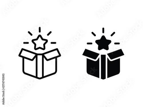 Mystery Gift Box Icons, Open Present Shining Star Lucky Draw Bonus Unboxing and Promotional Symbols