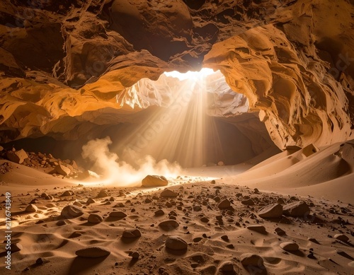Sunlight streams into a vast, sandstone cave, illuminating sand, dust, and rock formations