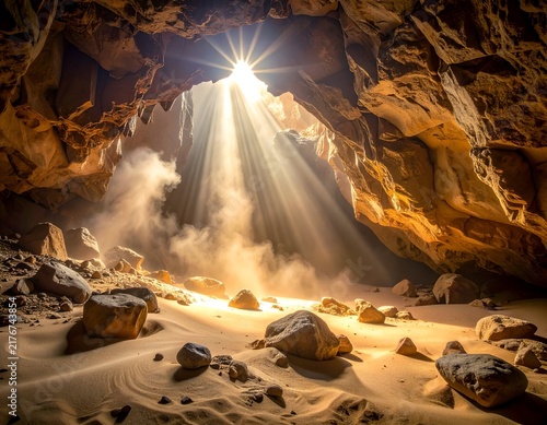 Dramatic, sunlit cave interior with beams of light piercing through dust
