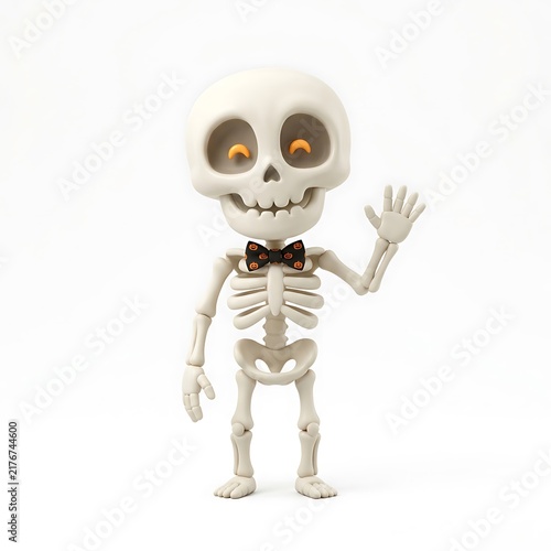 Cute cartoon skeleton waving isolated on white background