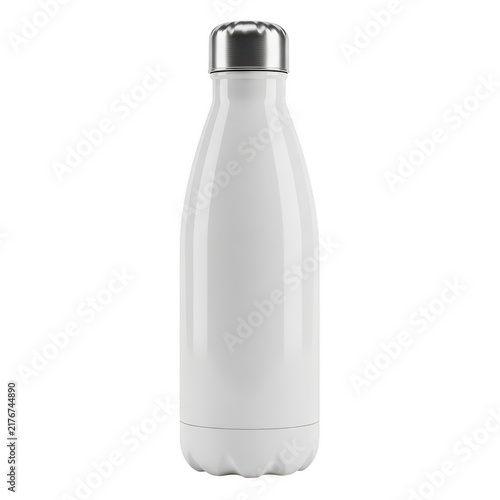 White reusable water bottle isolated on white background for branding mockup