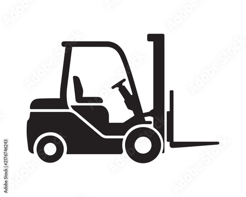Industrial forklift truck silhouette icon vector illustration with warehouse vehicle