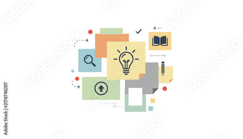 Creative brainstorming concept layout showing sticky notes with a central lightbulb idea, file folders, and writing tools.