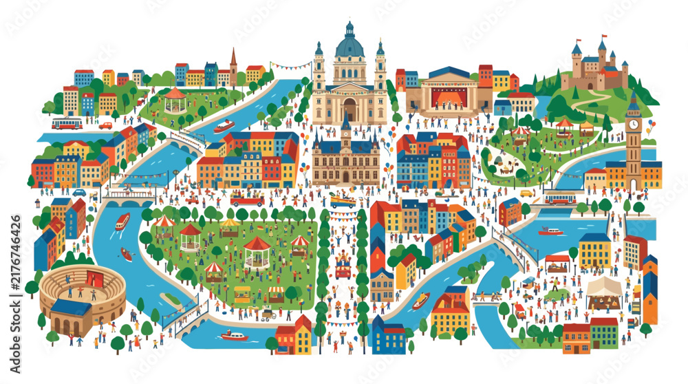 Naklejka premium Vibrant European Cityscape Map Illustration with River, Buildings, and Crowds