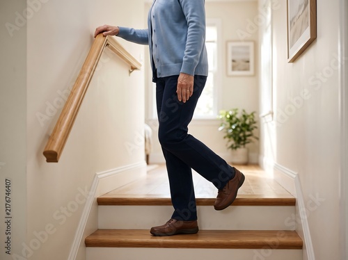 Older adult using a stair handrail for safe mobility at home