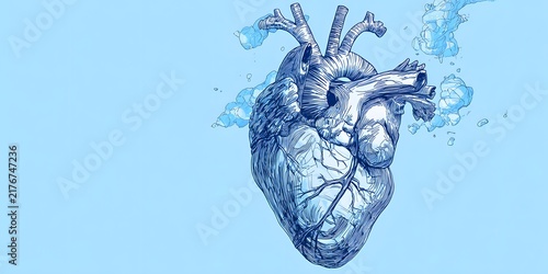 Anatomical human heart drawn in blue ink with artistic smoke details on a light background