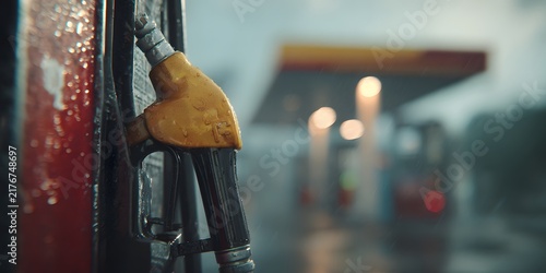 Yellow fuel nozzle on a rainy day at a gas station