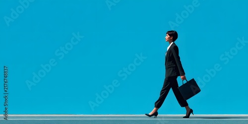 Confident businesswoman walking with briefcase against blue background