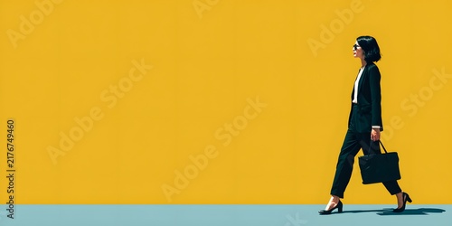 Confident businesswoman in black suit walking with briefcase against yellow background