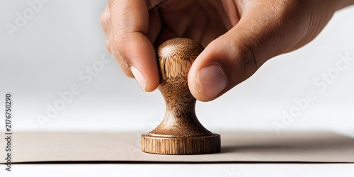 Hand pressing a wooden rubber stamp onto white paper