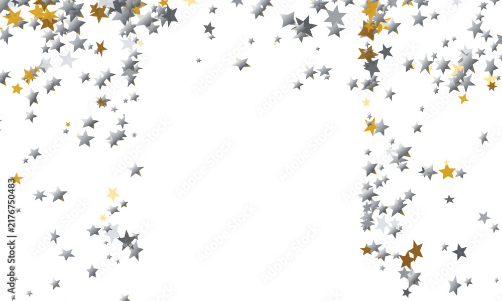 Obraz premium Silver and gold stars falling against a white background symbolizing celebration and achievement
