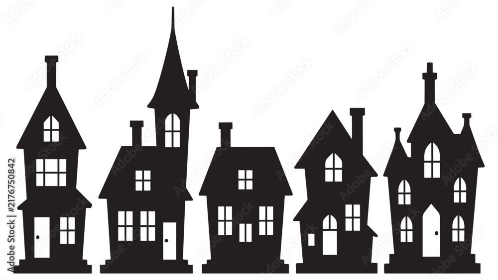 Fototapeta premium Black and white silhouette of five different haunted houses