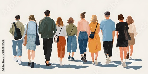 Group of stylish young people walking away in casual clothes seen from behind