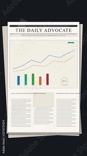 Daily newspaper with charts and headlines, human rights and justice abstract concept