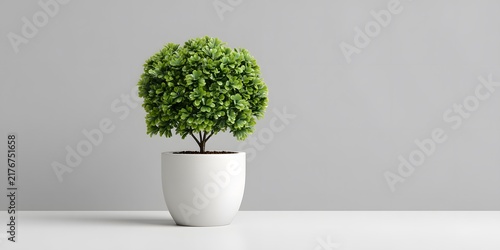 Small green topiary tree in a white ceramic pot against a plain gray background