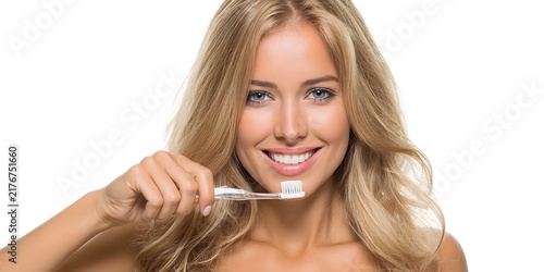 Beautiful young woman brushing her teeth with a toothbrush and smiling
