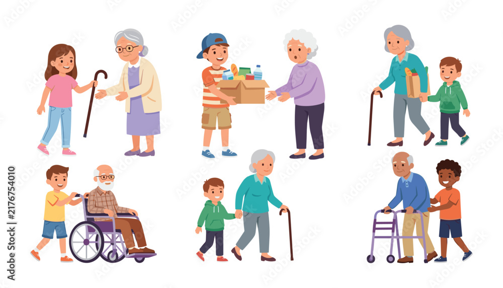 Fototapeta premium Volunteering concept cartoon illustration with cute kids supporting old grandparents with walking canes grocery delivery box and a walker