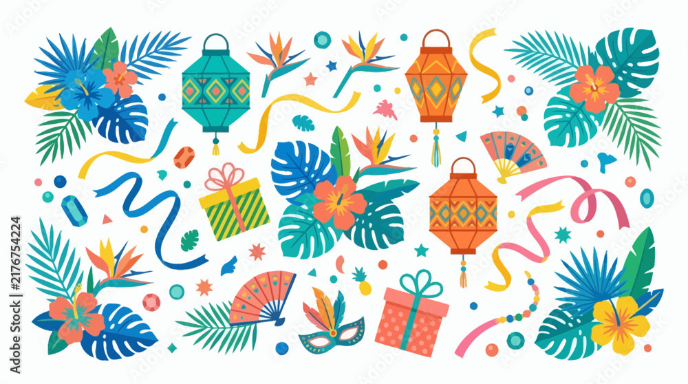 Obraz premium Tropical Party Celebration: Lanterns, Flowers, Gifts, Masks, Fans, Confetti