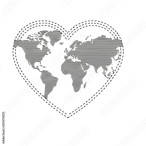 World Map in Heart Shape with Dashed Outline