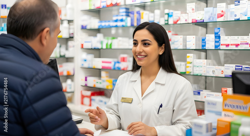 Friendly female pharmacist in white coat consulting male customer at modern pharmacy counter with medicine shelves behind