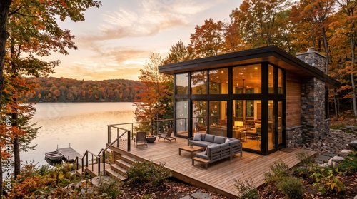 Modern luxury lakeside cabin with glass walls and wooden deck surrounded by colorful autumn forest trees at golden sunset, peaceful nature retreat architecture, serene waterfront