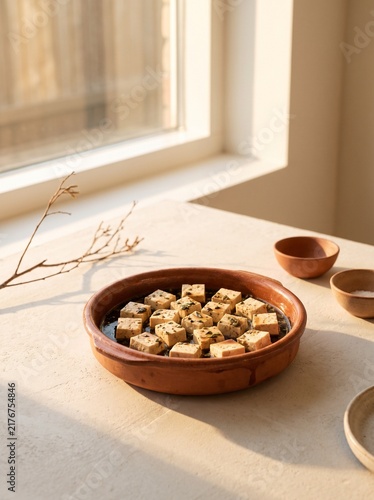 Fresh Tofu Cubes Marinated in Soy Sauce and Herbs in a Rustic Clay Bowl on a Minimalist Textured Tabletop with Soft Natural Sunlight and Aesthetic Shadows for Healthy Vegan Food Photography Concept