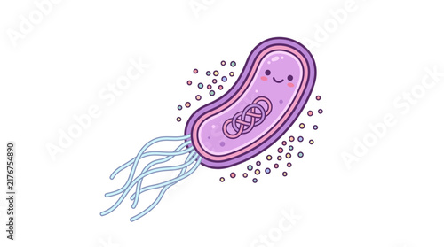 Purple microbe character with long flagella tails.
