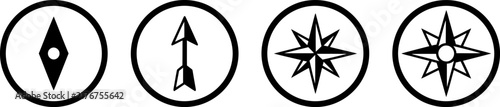 Set of four compass icons and navigation symbols in circular frames with compass icon compass rose direction arrow travel compass map marker location finder