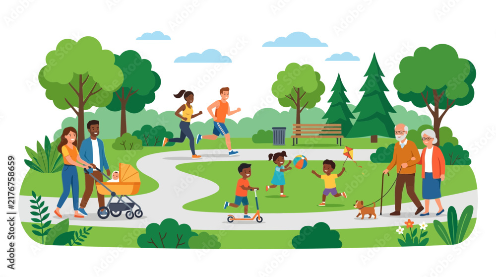Fototapeta premium Diverse people enjoying outdoor activities in a sunny park, families, fitness, recreation