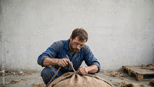 Obraz na płótnie A focused man in a blue work suit meticulously ties a sack made of burlap, his hands skillfully handling a rope against a rustic background, showcasing diligent manual labor.
