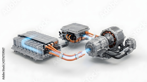 Modern electric vehicle powertrain with high voltage battery, electric motor and transmission assembly isolated for automotive engineering concepts