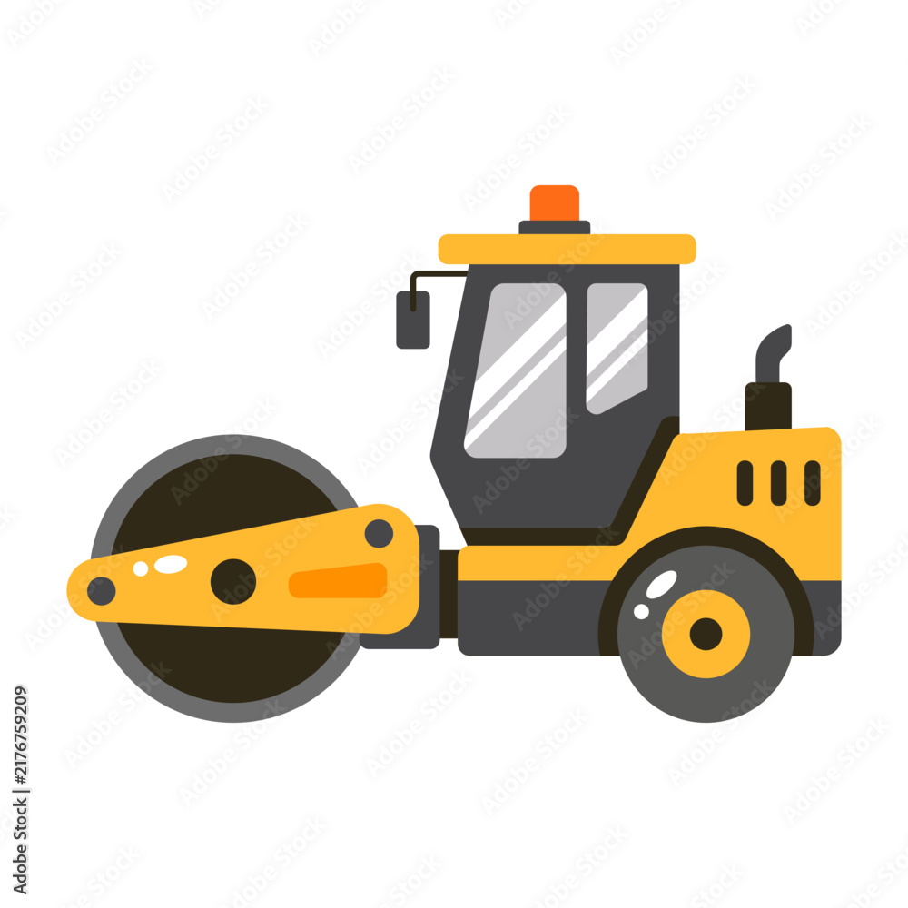 Naklejka premium A flat icon of a road roller, shown in orange, gray, black, and white with clean geometric forms, simplified details, and a plain white background.